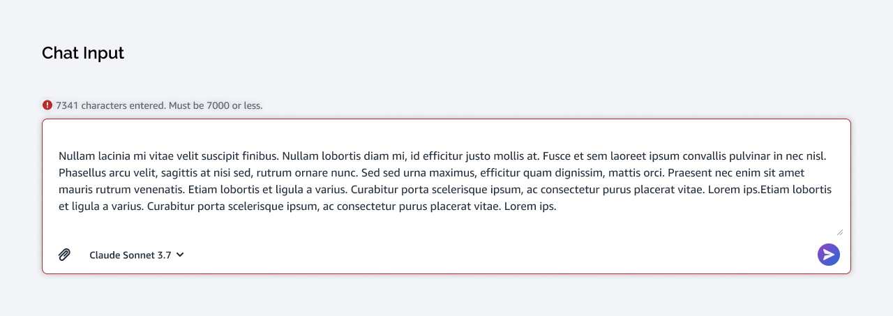 Chat Input component in an error state: a character-limit warning above a text field with an attach action and model selector